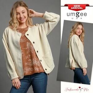 Umgee Textured Jacquard Pattern Long Sleeves Pockets Relaxed Fit Jacket | Cream